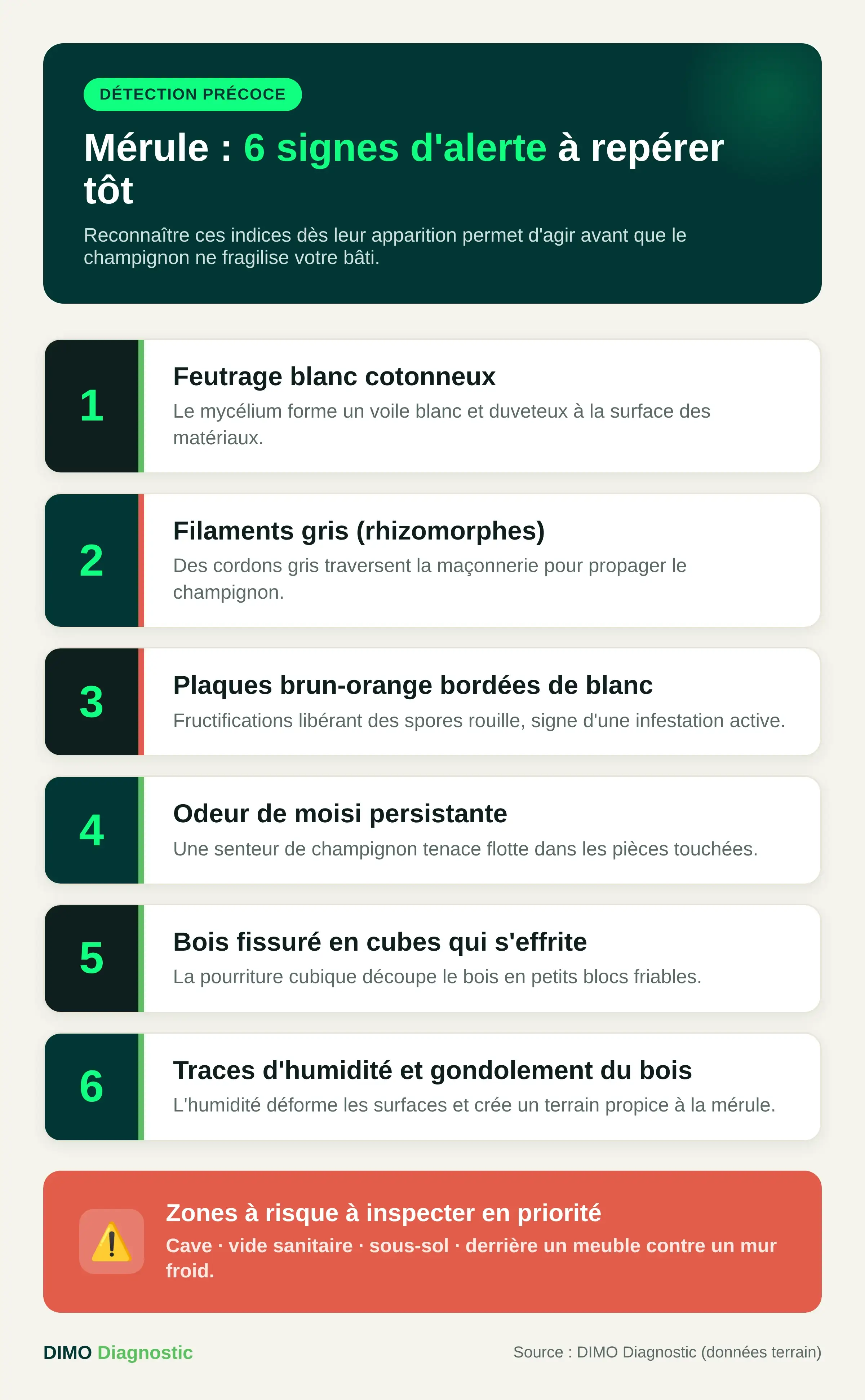 Infographie des 6 premiers signes de la mérule à détecter dans une maison et des zones humides à surveiller